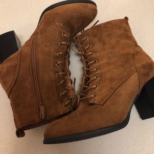Brown Suede Texture Lace Up Booties